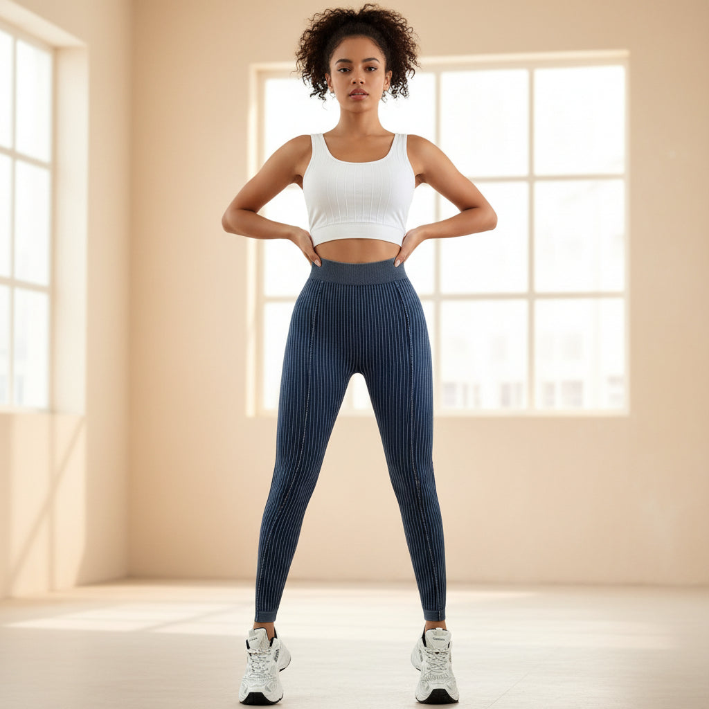 Model wearing green ribbed high-waist yoga pants with V-waist detail