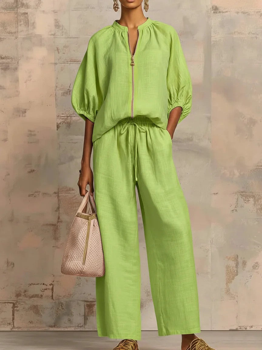 Women's Casual Loose Zipper Round Neck Wide-Leg Pants Two-Piece Set