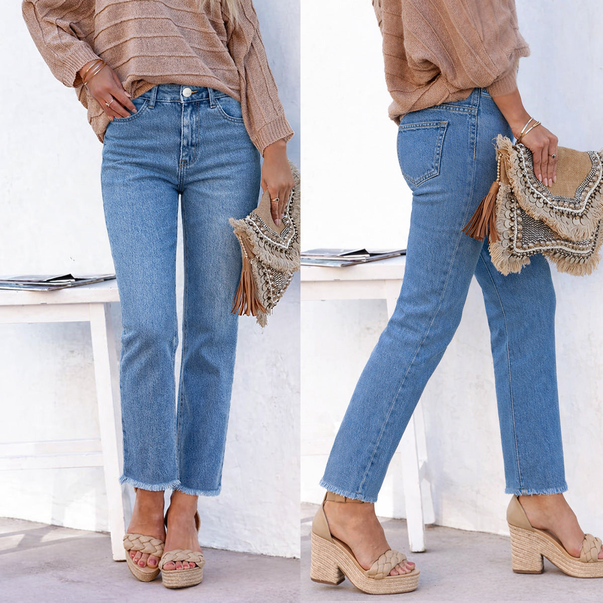 Women's High-Waist Straight Leg Ankle Jeans with Raw Hem