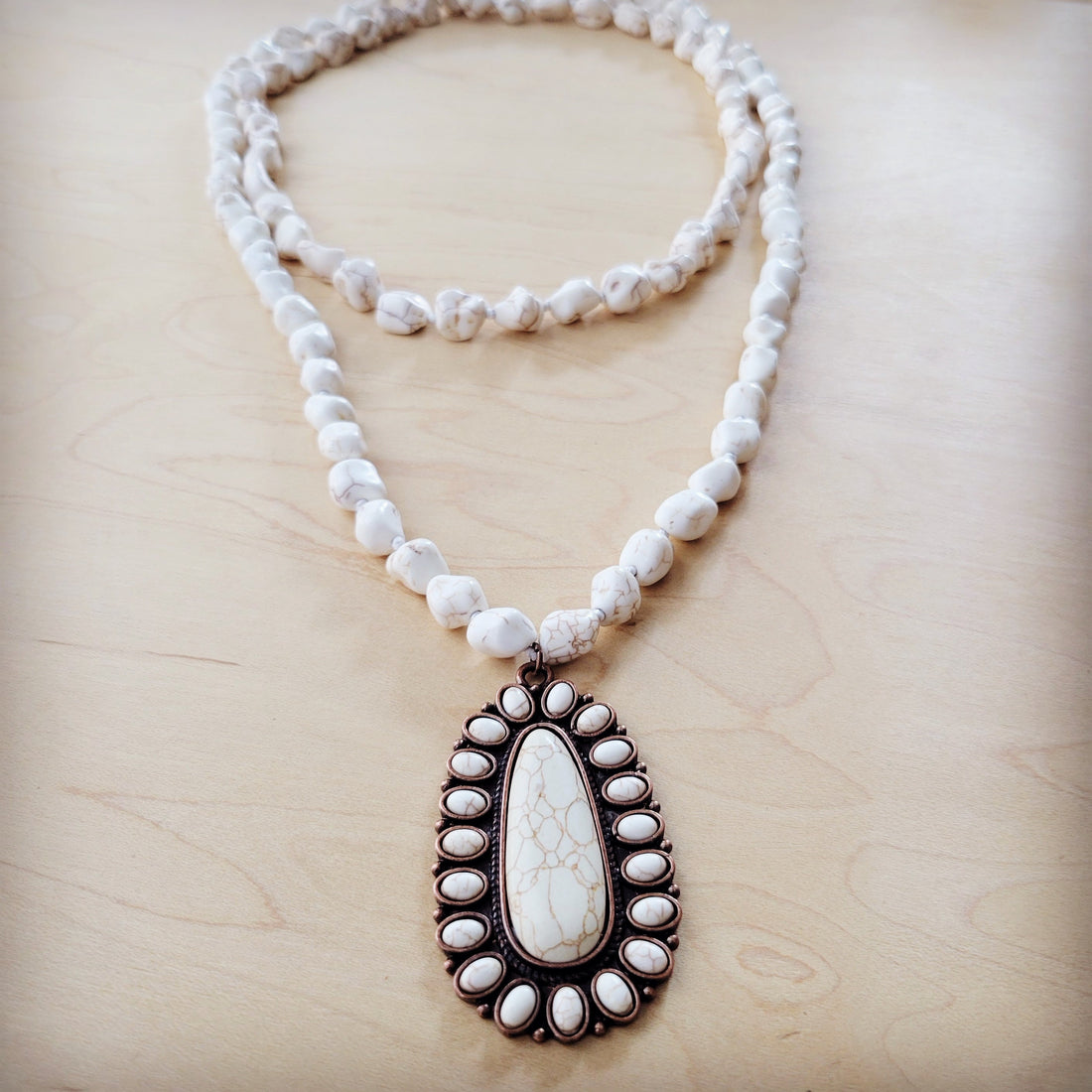 Long White Howlite Beaded Necklace with Squash Blossom Pendant