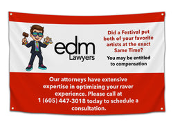 Red and white EDM Lawyers flag with graphic of a lawyer wearing kandi