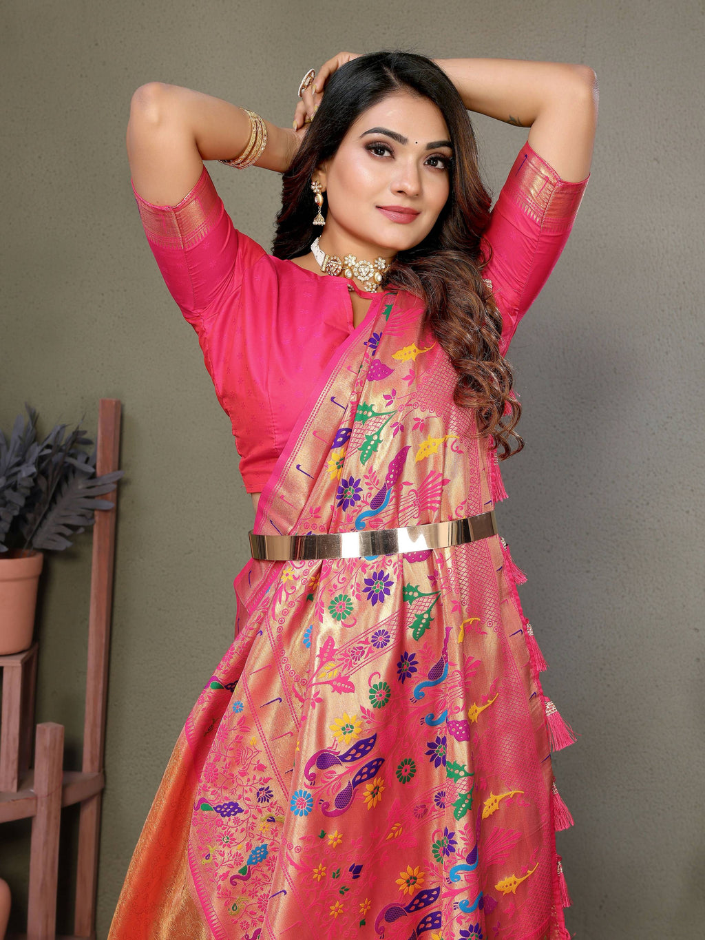 Orange Tissue Silk Paithani Woven Saree with Contrast Pink Blouse