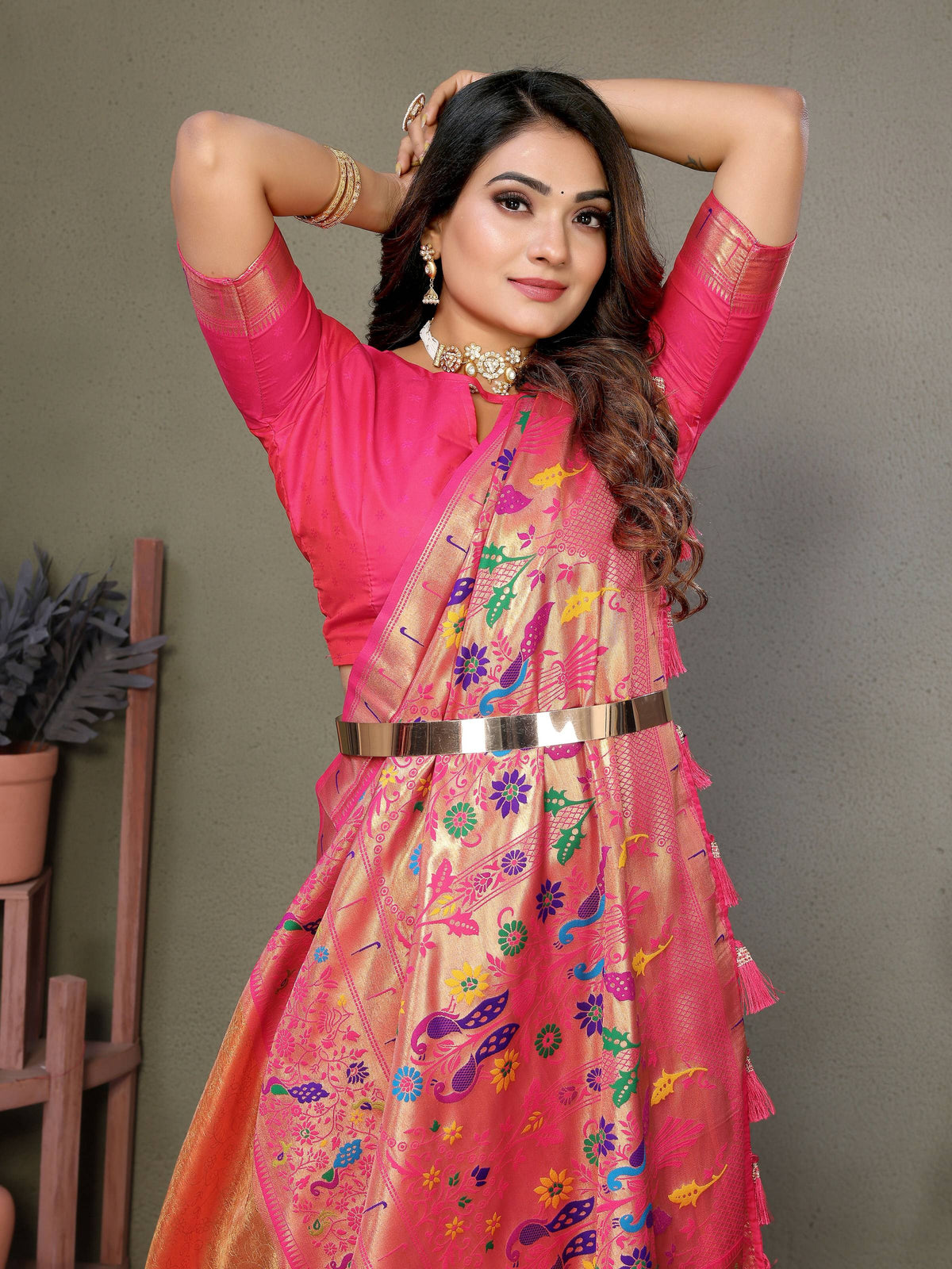 Orange Tissue Silk Paithani Woven Saree with Contrast Pink Blouse