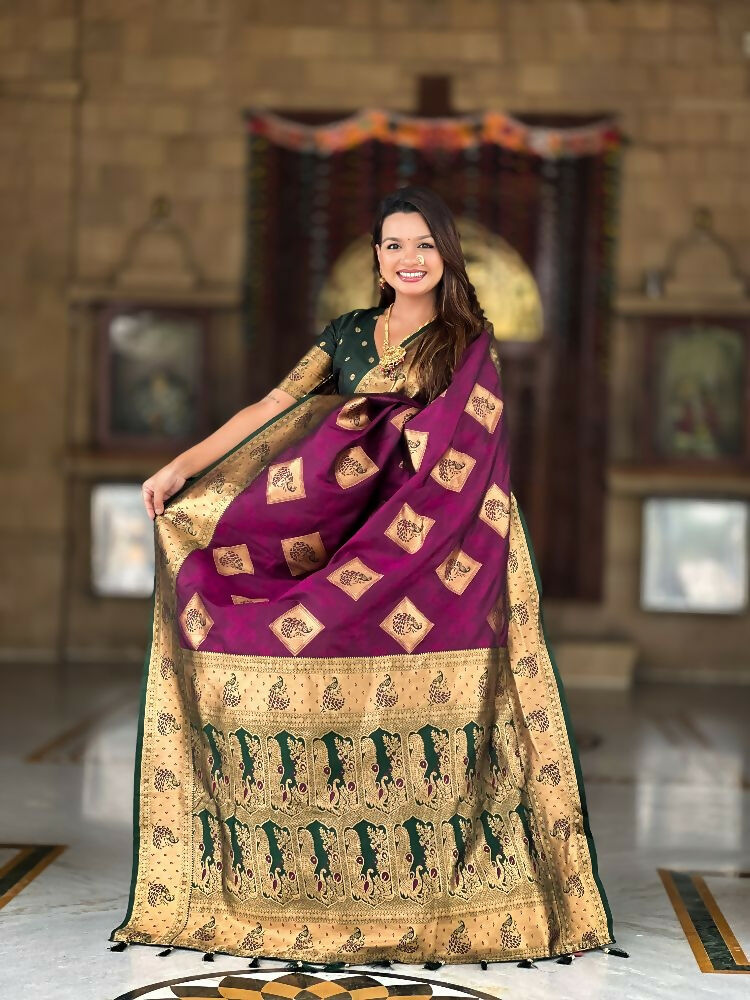 Wine Soft Banarasi Silk Saree with Zari Weaving and Meenakari