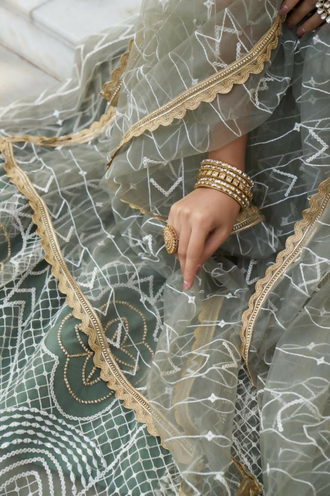 Dusty Green Butterfly Net Lehenga Choli With White Thread Embroidery