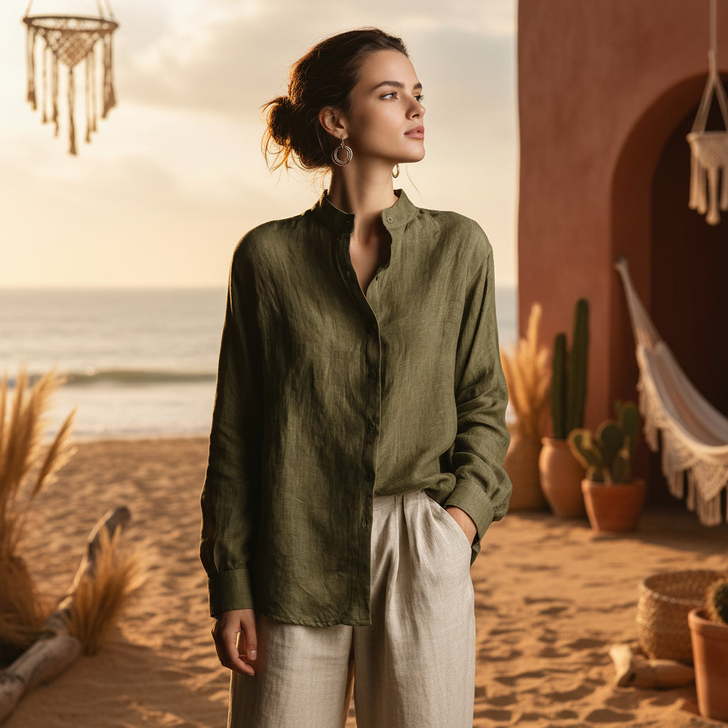 Woman wearing a loose olive green linen long sleeve shirt with a flip collar and button closure