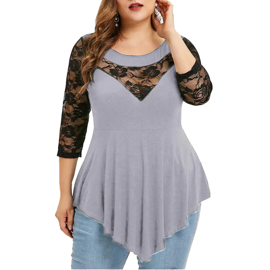 Spring Plus Size Floral Lace Top with Sheer Hem