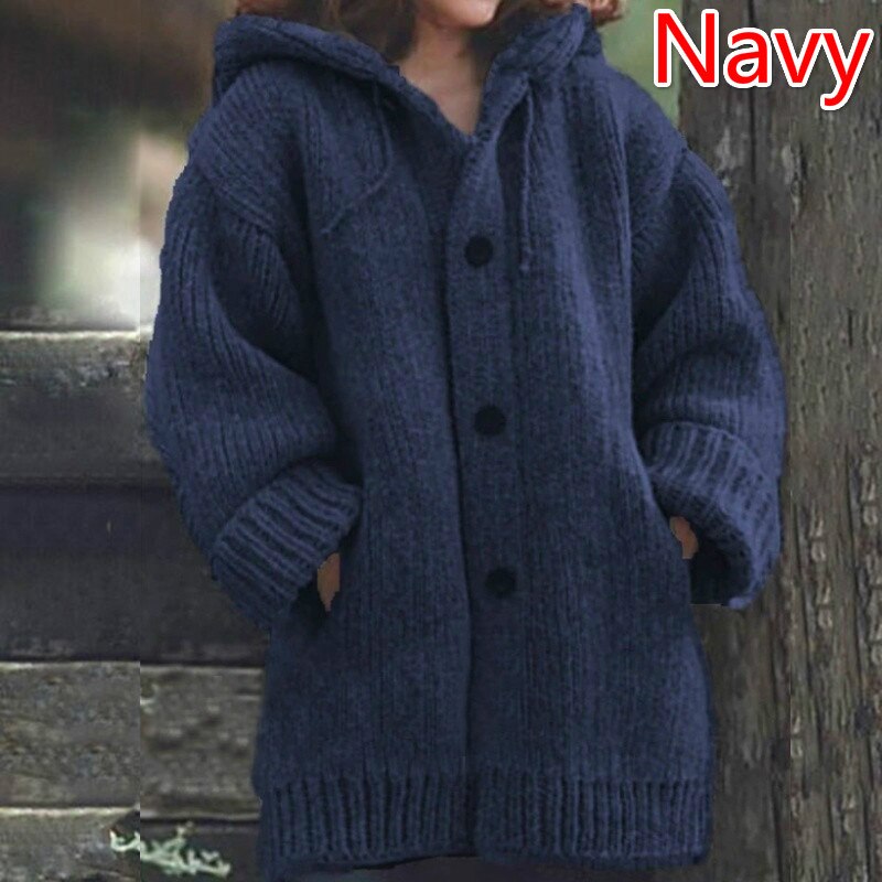 Women's Hooded Knitted Cardigan Cozy Button Up Long Sleeve Sweater - Image 5