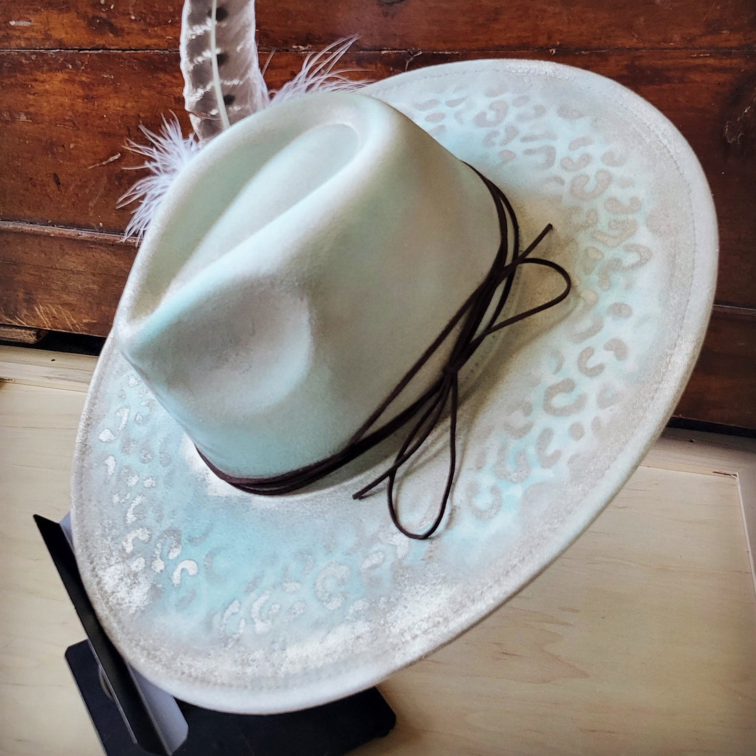 Hand-Painted Mint Leopard Boho Western Cowgirl Hat - Image 2