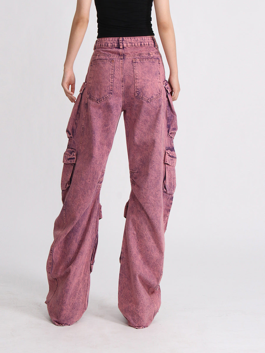 Women's Pink Acid Wash High Waist Wide Leg Patchwork Cargo Jeans - Image 5