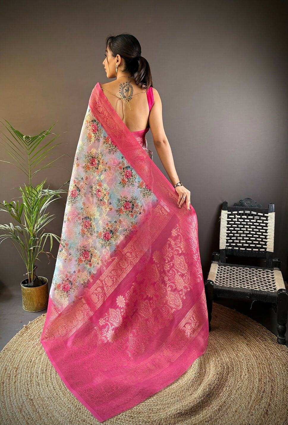 Pink Banarasi Silk Saree with Elegant Floral Motifs & Blouse