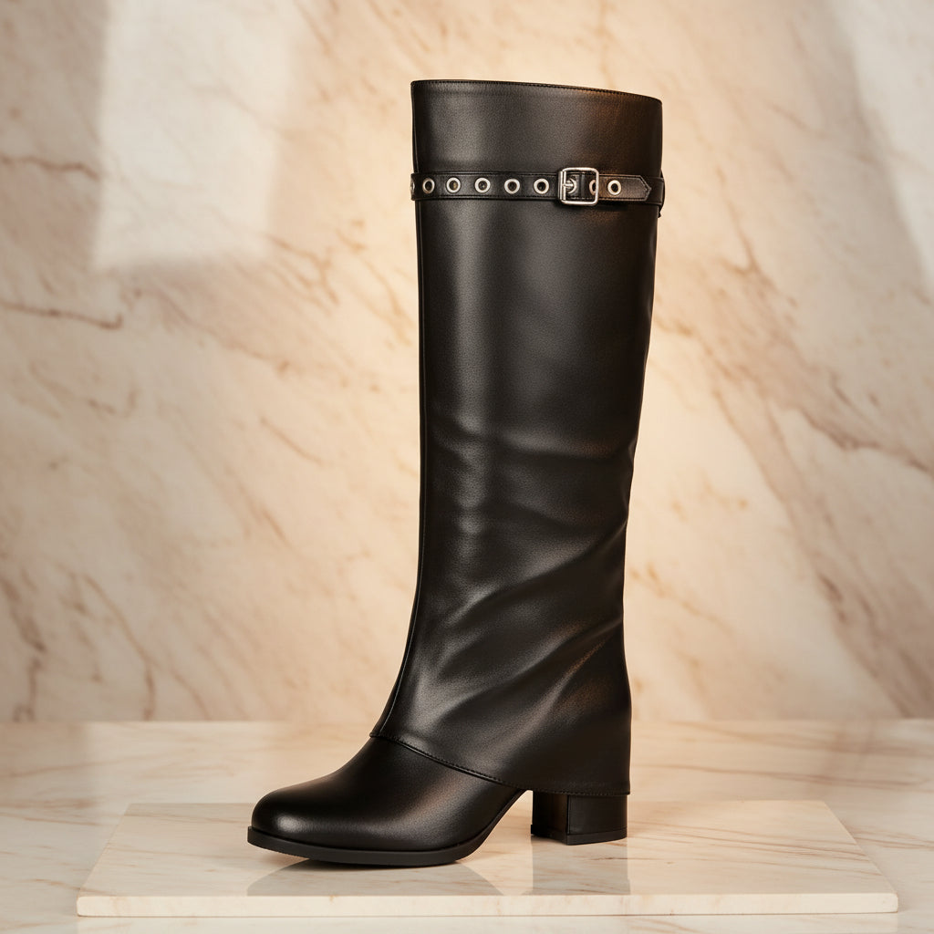 Women's Tall Knee-High Boots – Eyelet Buckle Strap Chunky Heel Slip-On