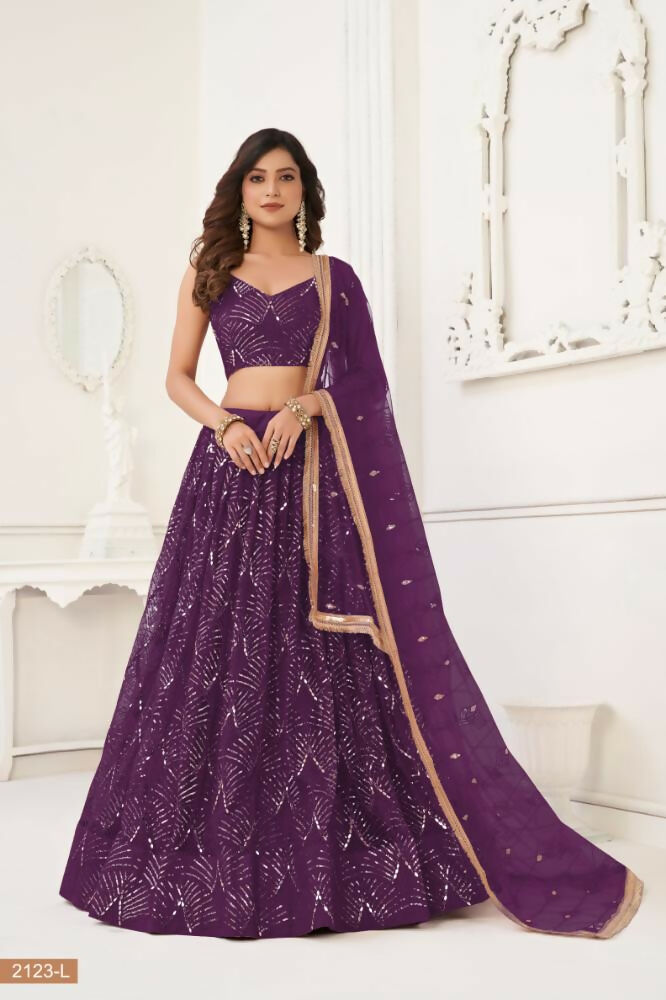 Deep wine butterfly net lehenga with original mirror work and tone-to-tone thread embroidery