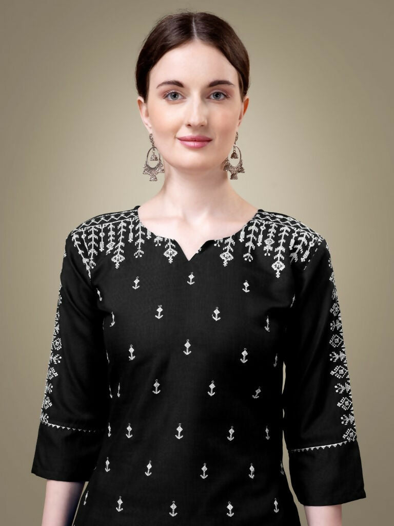 Women's Black Cotton Blend Straight Kurta Set with Sequence Detail