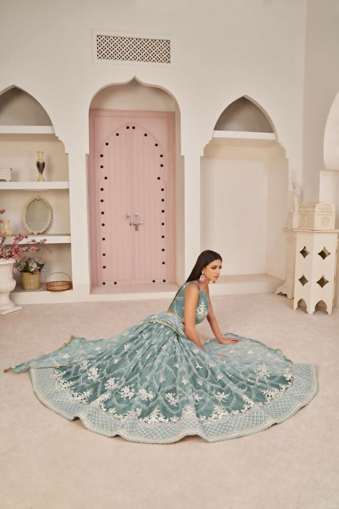 Ocean Blue Butterfly Net Lehenga with Zari and Sequin Embroidery