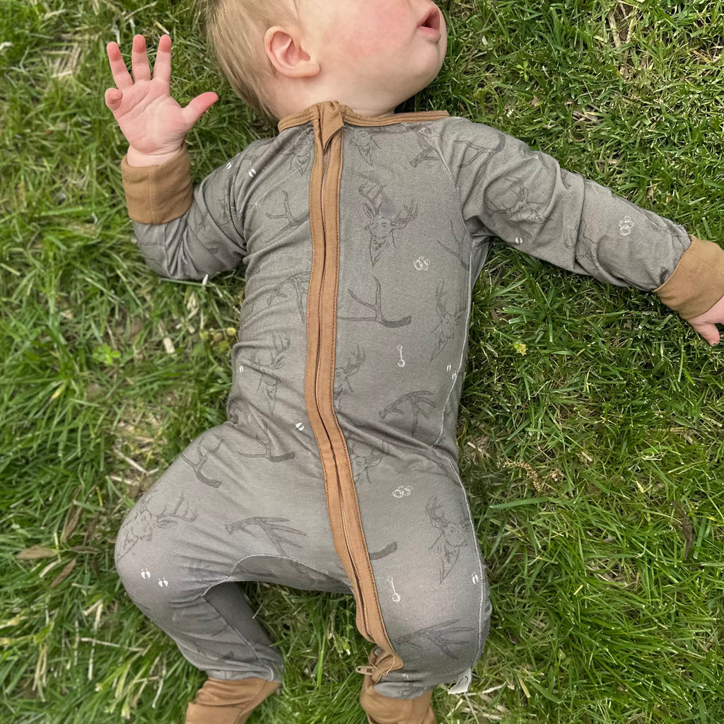 Minimalist taupe and brown bamboo baby zippy sleeper with double zipper and fold-over cuffs.