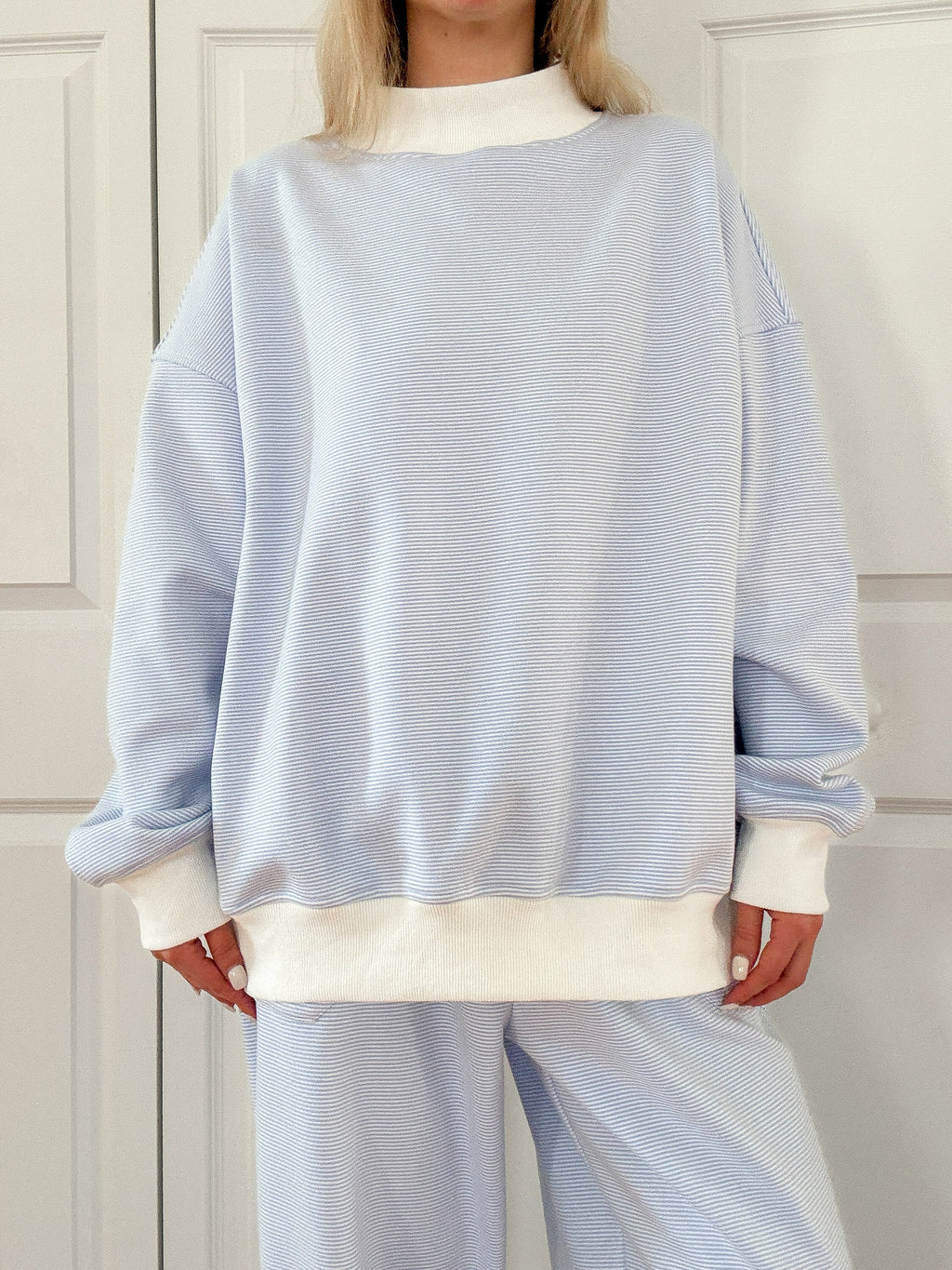 Blue and White Mini Striped Mockneck Sweatshirt Unisex