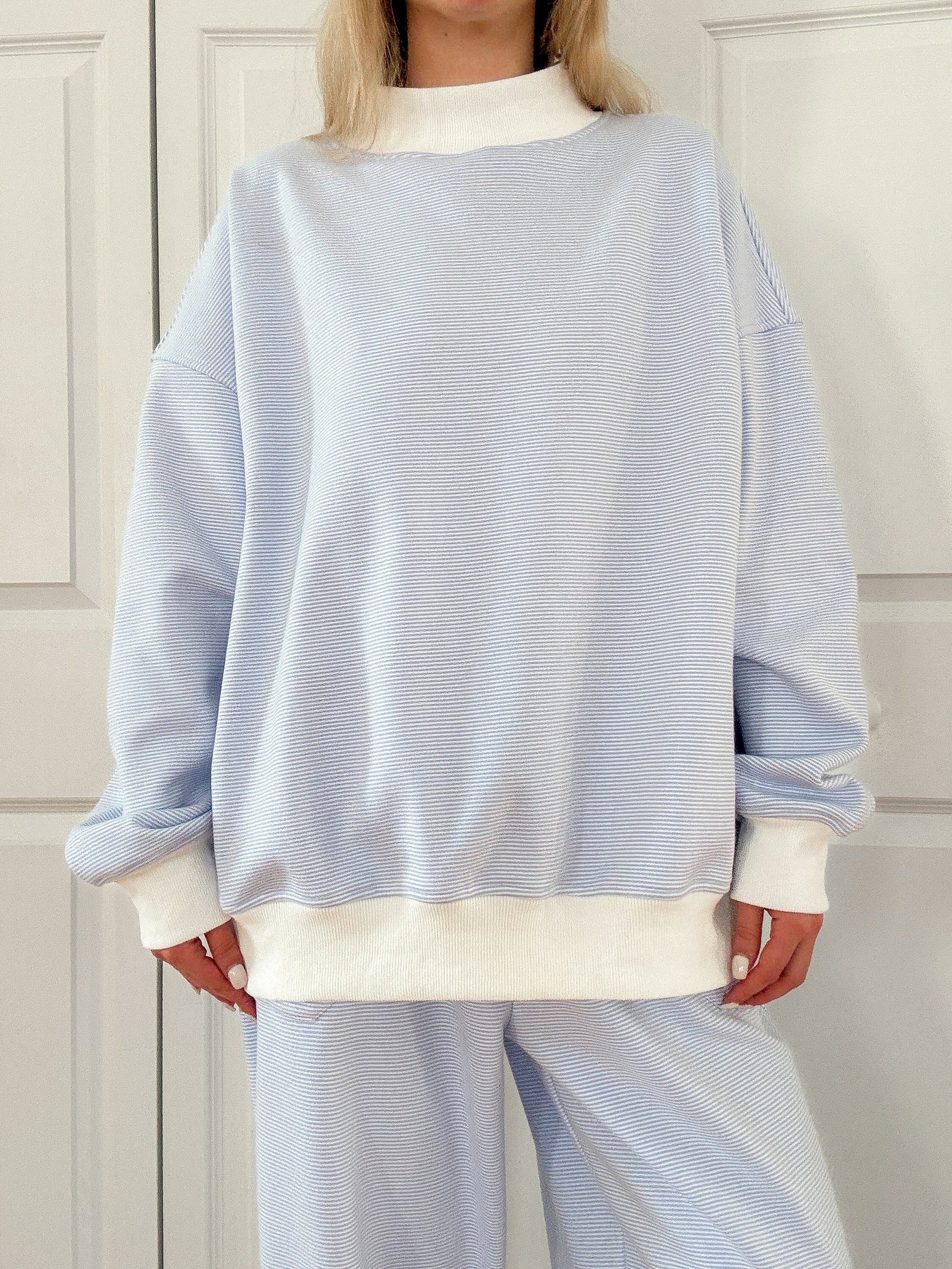 Blue and White Mini Striped Mockneck Sweatshirt Unisex