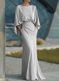 Backless Pleated Mermaid Maxi Dress - Silver Batwing Sleeve Gown