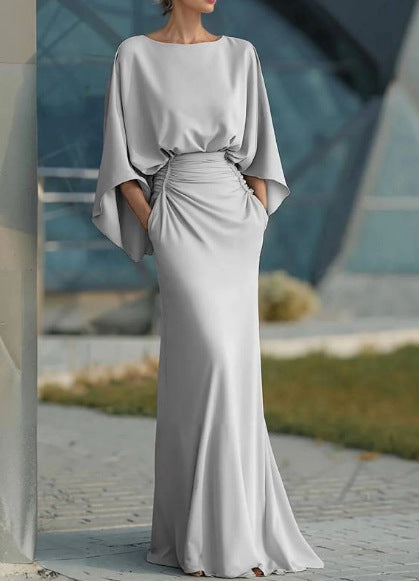 Backless Pleated Mermaid Maxi Dress - Silver Batwing Sleeve Gown