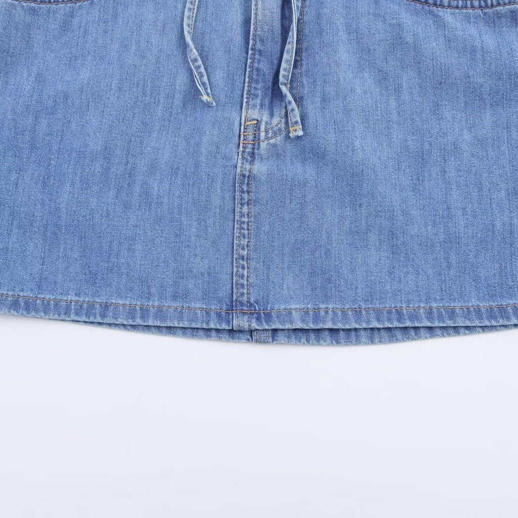 Women's Casual Blue Denim A-Line Mini Skirt with Drawstring - Image 4
