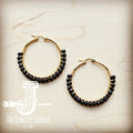 Woven black agate beaded hoop earrings with gold-tone wire