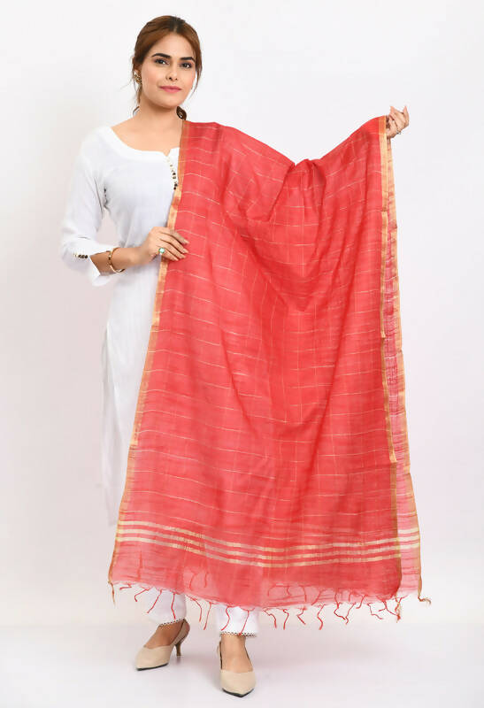 Red cotton slub dupatta featuring a subtle zari box pattern