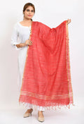 Red cotton slub dupatta featuring a subtle zari box pattern