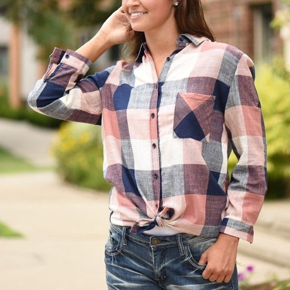 Women's Casual Long Sleeve Plaid Shirt Cotton Hemp Blend Top - Image 4