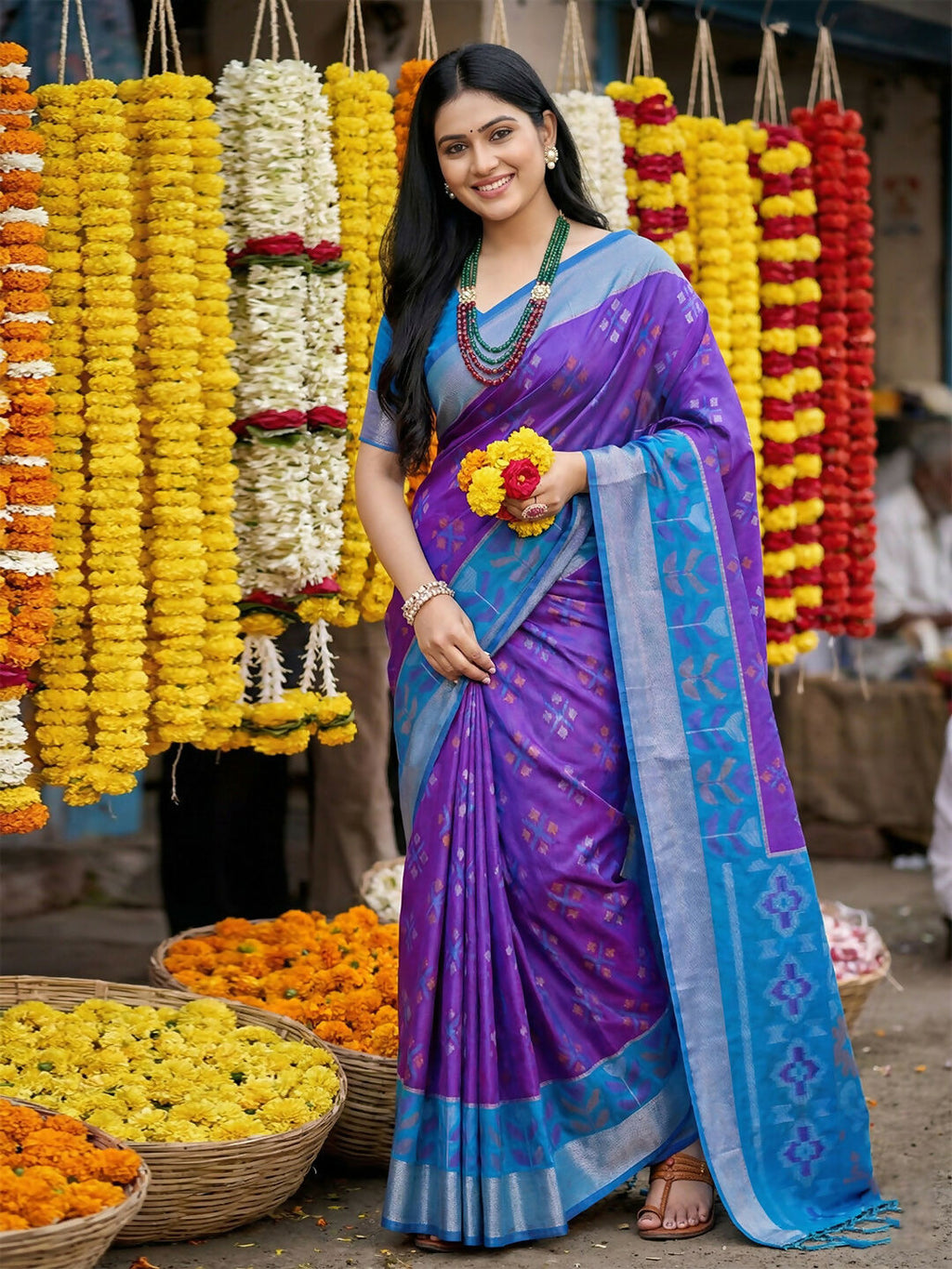 Elegant violet Pochampally silk saree with traditional geometric patterns and matching blouse fabric