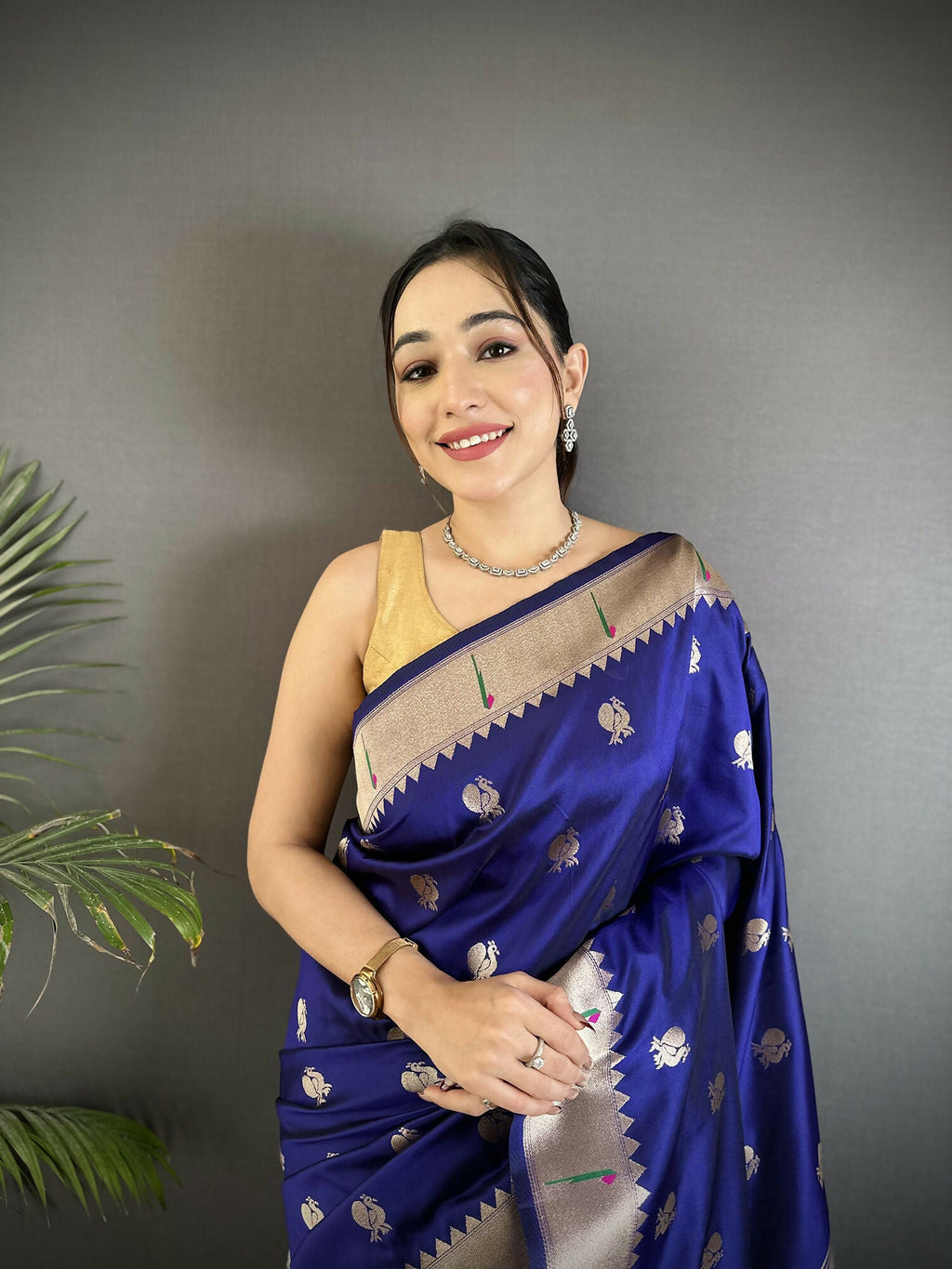 Royal Blue Soft Silk Kanchipuram Saree with Peacock & Floral Motifs