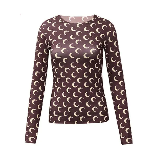 Women Long Sleeve Moon Print Crew Neck Shirt Soft Base Layer - Image 17