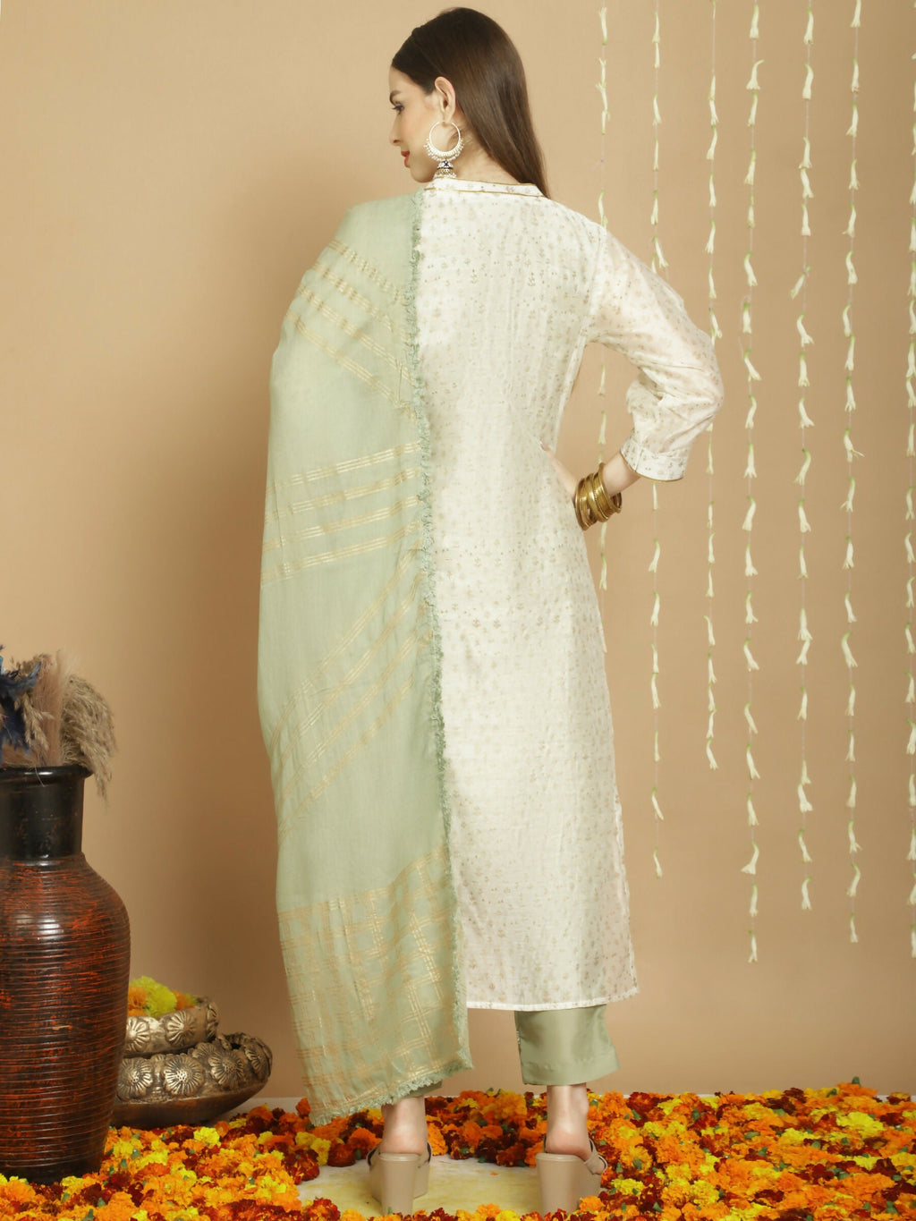 Off White Chanderi Silk A-Line Kurta Set with Jardoshi & Trousers