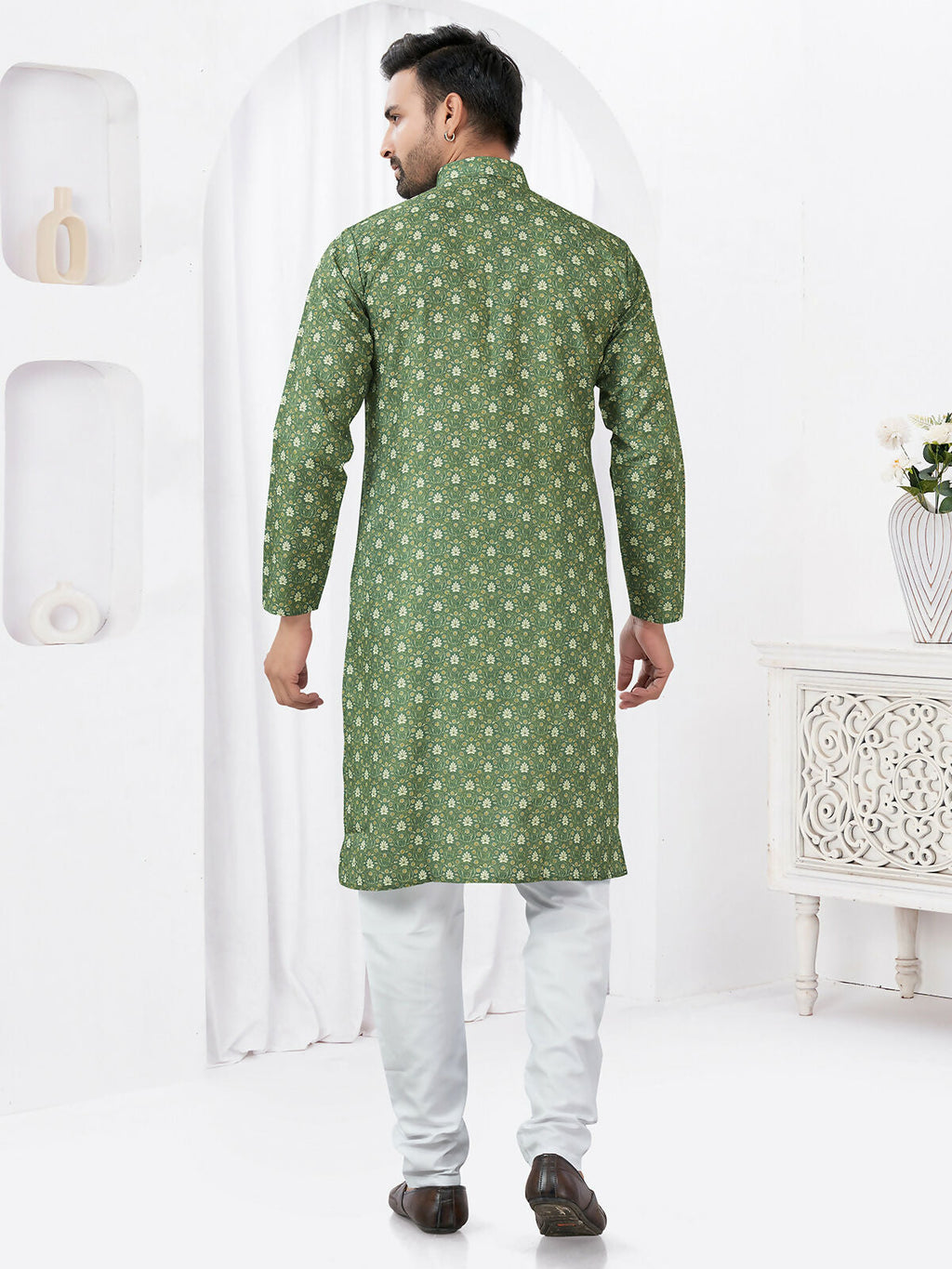 Green Rayon Cotton Printed Kurta Pyjama Set for Boys