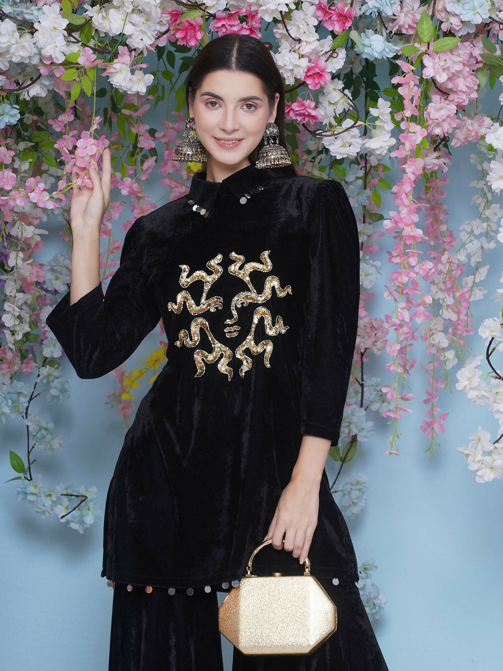 Black Velvet Sharara Set with Maroon Accents