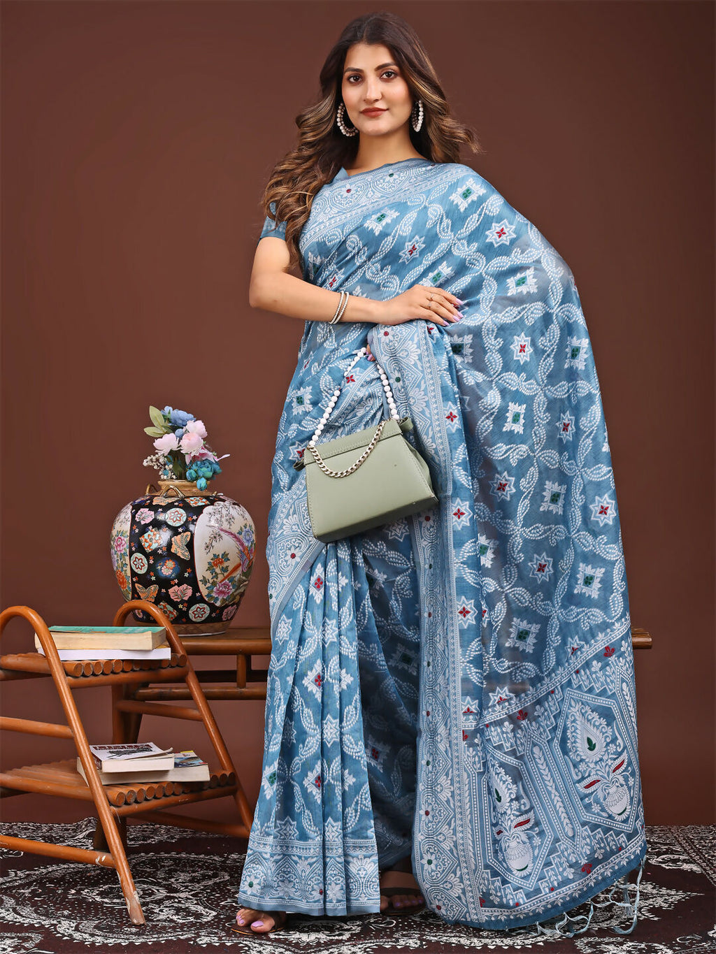 Pankhuri Sky Blue Linen Cotton Saree for Elegant Daily Wear