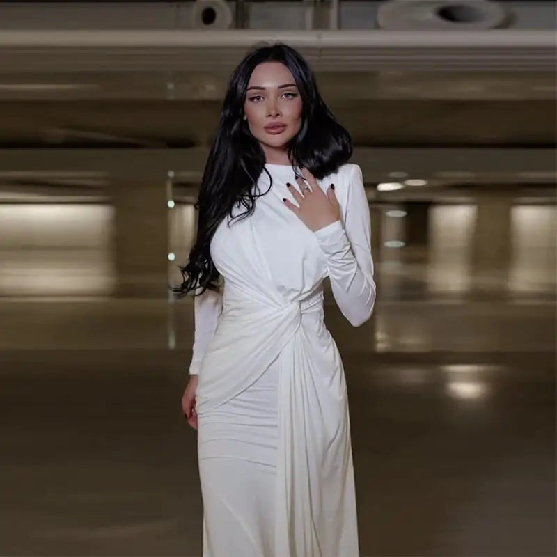 Women's Long Sleeve White Round Neck Pleated Waist Slim Dress - Image 2