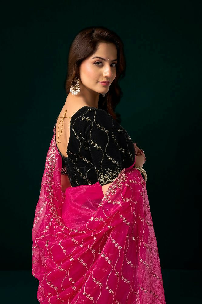 Rani Pink Net Party Saree with Black Velvet Blouse