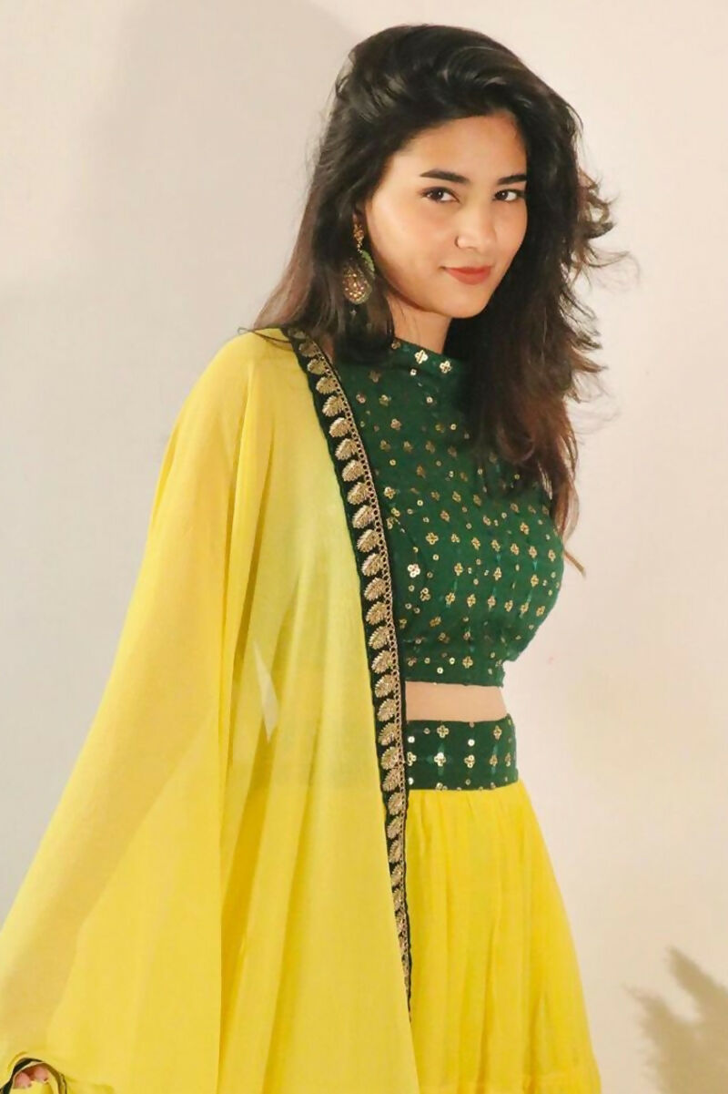 Yellow Georgette Three Layer Frill Lehenga Choli with Dupatta