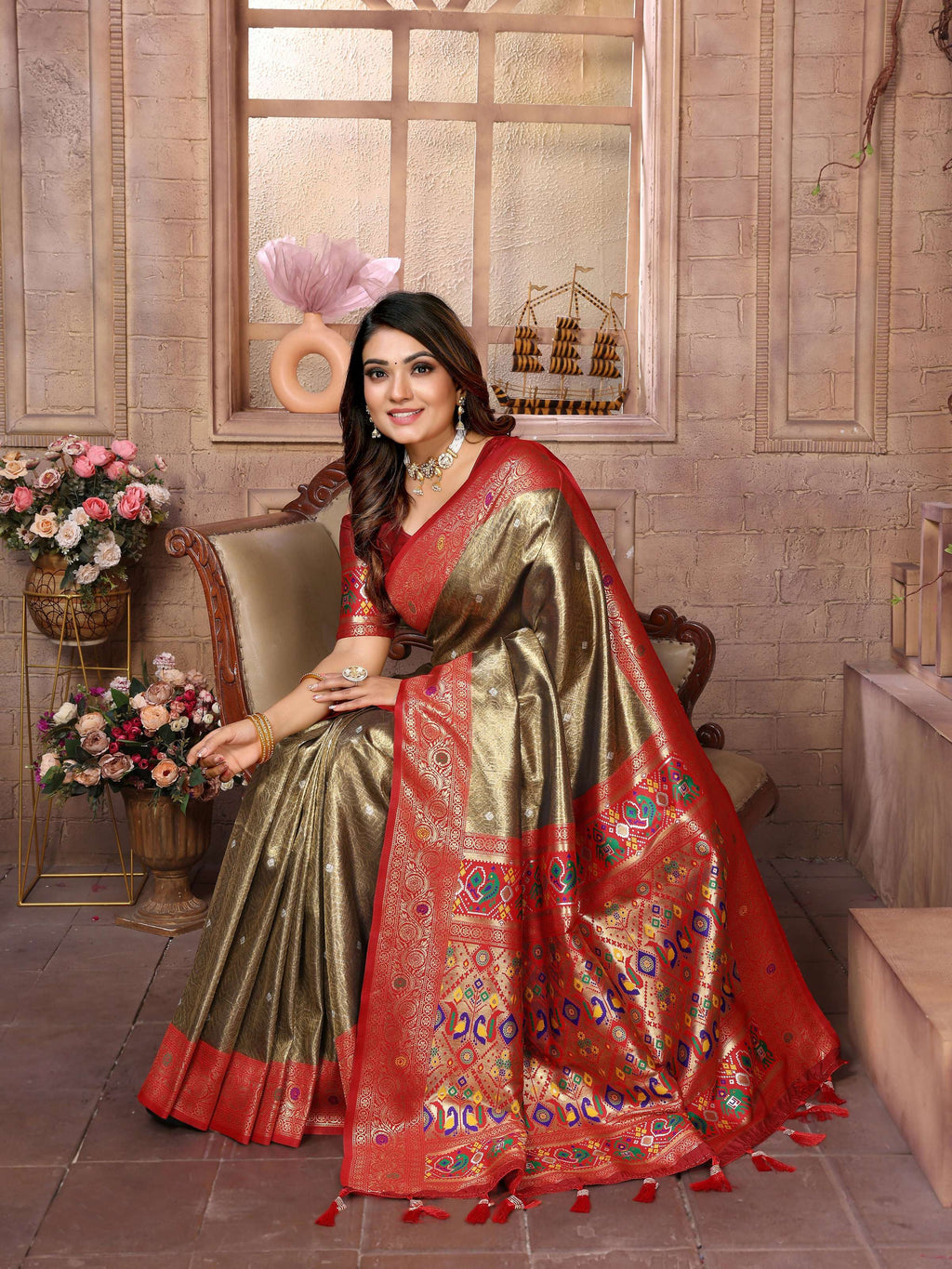 Brown Banarasi Tissue Silk Saree with Elegant Weaving Details