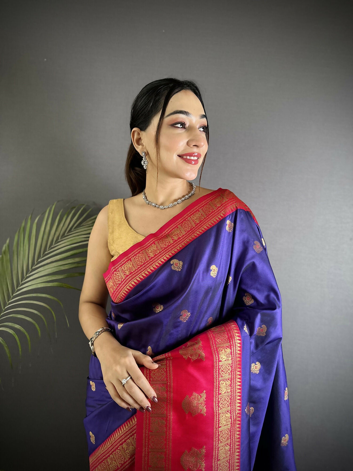 Navy Blue Banarasi Soft Silk Woven Butti Saree