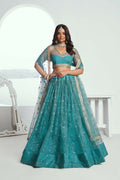 Rama Green Butterfly Net Lehenga Choli featuring intricate cotton thread work and sequence embroidery