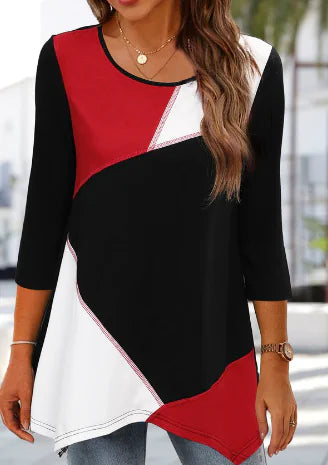 Women's Round Neck Floral Print Tunic Top with Asymmetrical Hem - Image 48