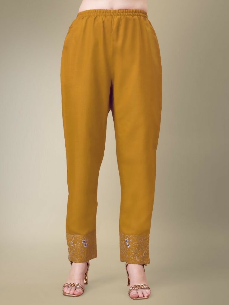 Women's Yellow Embroidered Cotton Blend Straight Kurta Set