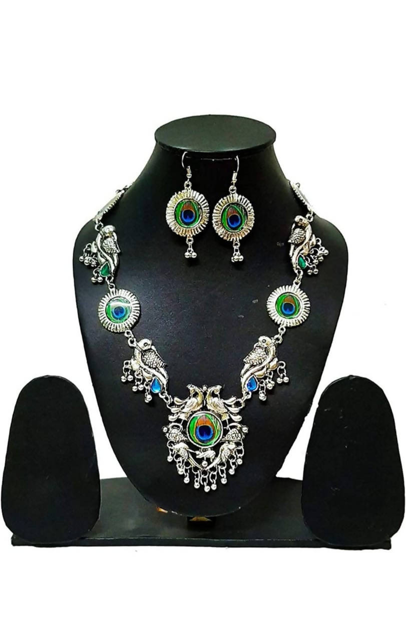Silver-plated peacock design mangalsutra necklace set for women