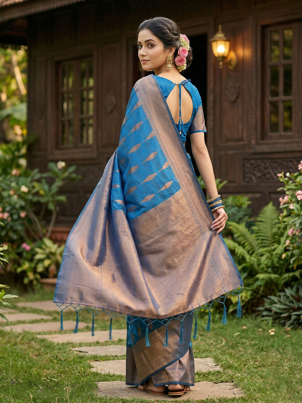Blue Silk Blend Saree with Matching Blouse Piece