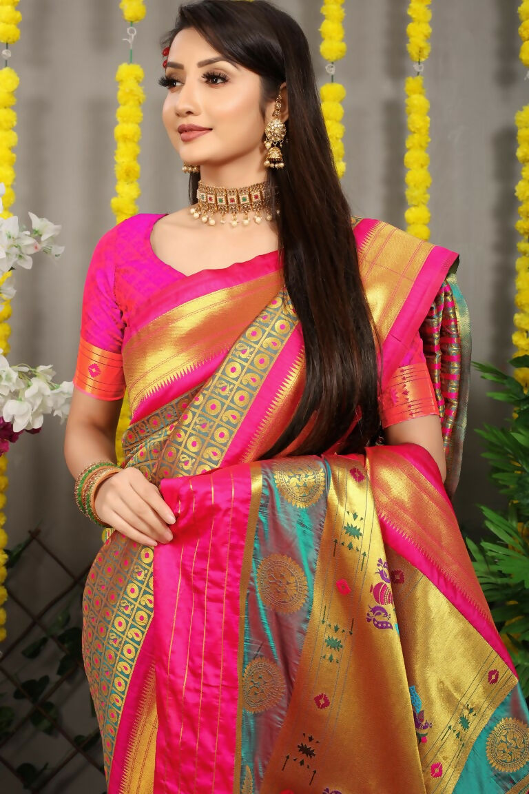 Women's Grey Banarasi Silk Saree with Contrast Pink Blouse