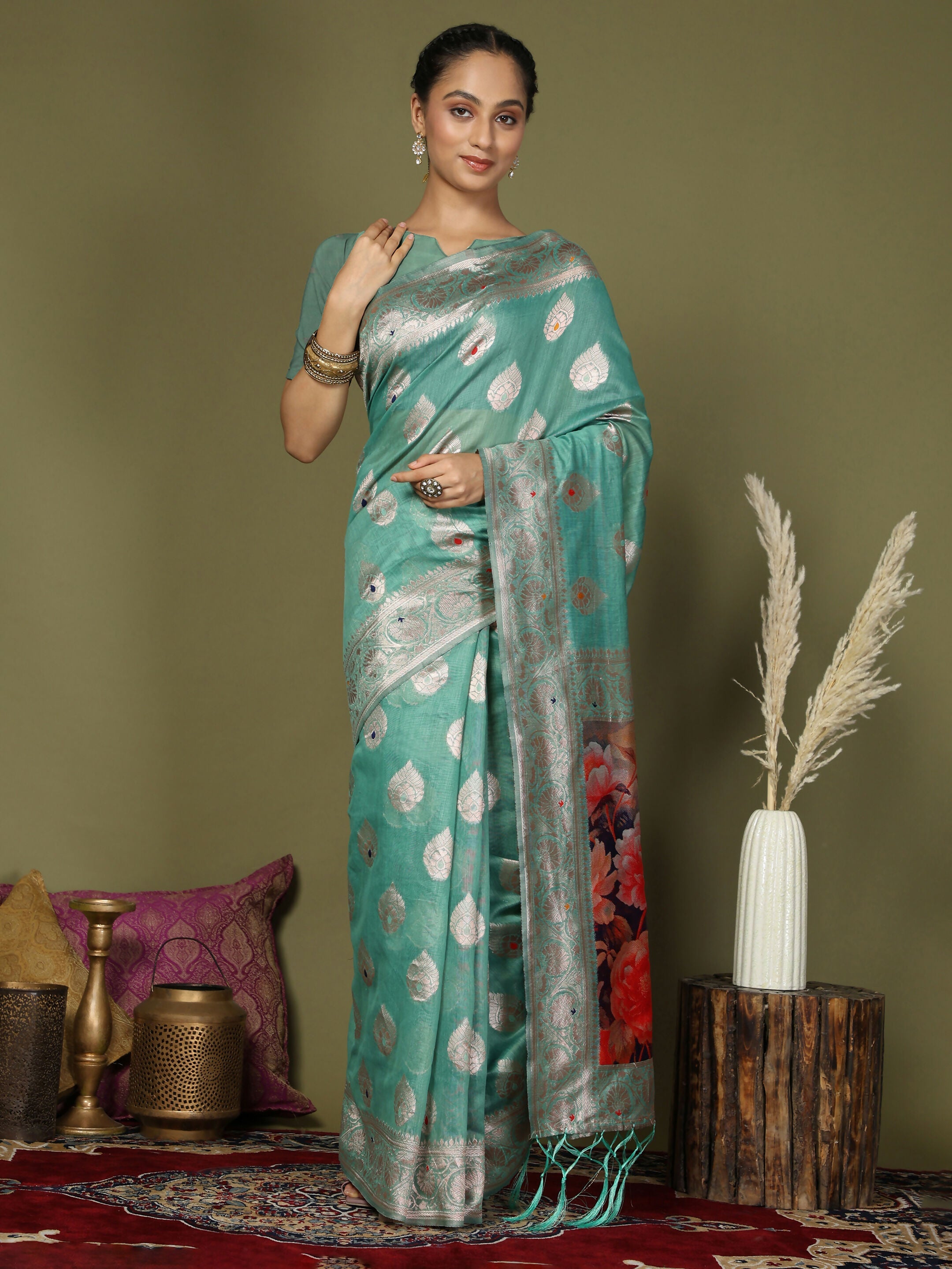 Rama Green Linen Cotton Saree with matching fabric, perfect for summer ethnic style.