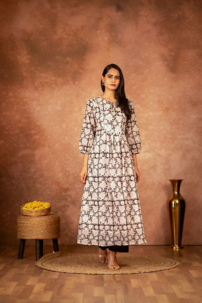 Black Floral Hand Block Printed Cotton Kurta Pant Set