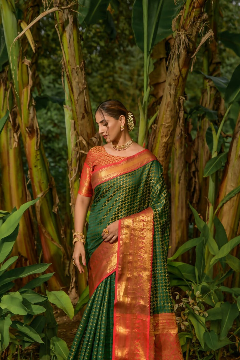 Bottle Green Kanjivaram Silk Saree with Red Blouse Piece